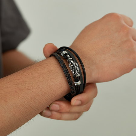 Bratara retro din inox si piele impletita [6]