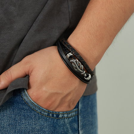 Bratara retro din inox si piele impletita [1]