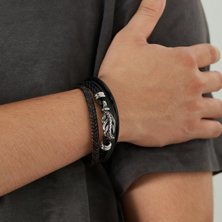 Bratara retro din inox si piele impletita [10]