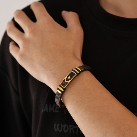 Bratara Steaua si Semiluna cu placuta din inox si piele [7]