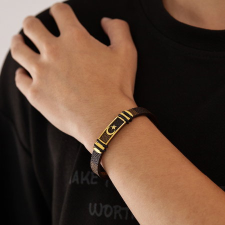 Bratara Steaua si Semiluna cu placuta din inox si piele [4]