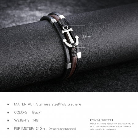 Bratara tripla din inox si piele neagra cu ancora [12]