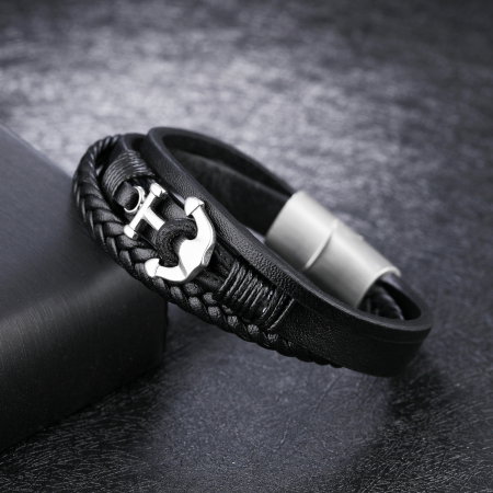 Bratara tripla din inox si piele neagra cu ancora [4]