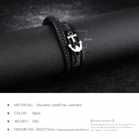 Bratara tripla din inox si piele neagra cu ancora [7]