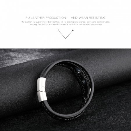 Bratara tripla din inox si piele neagra cu ancora [9]