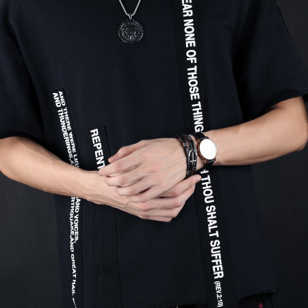 Bratara tripla din inox si piele neagra cu ancora [1]