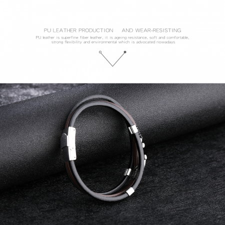 Bratara tripla din inox si piele neagra cu ancora [11]