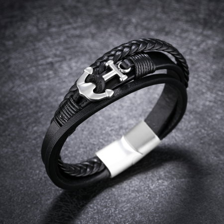 Bratara tripla din inox si piele neagra cu ancora [2]