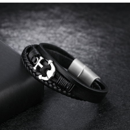 Bratara tripla din inox si piele neagra cu ancora [6]