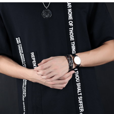 Bratara tripla din inox si piele neagra cu ancora [6]