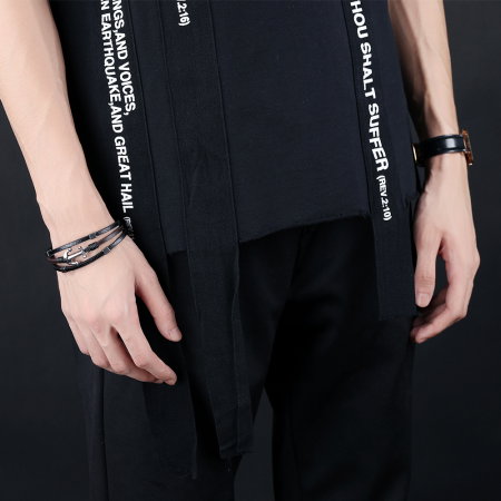 Bratara tripla din inox si piele neagra cu ancora [3]