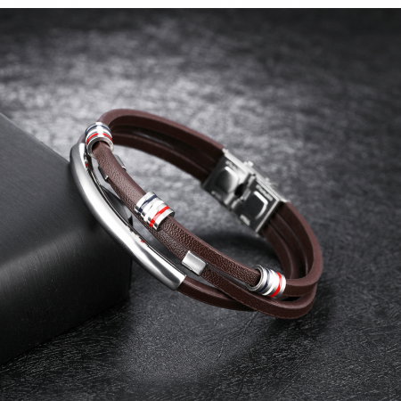 Bratara tripla din inox si piele neagra cu drapelul Frantei [6]