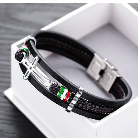 Bratara tripla din piele si inox cu cruce si drapelul Italiei [8]