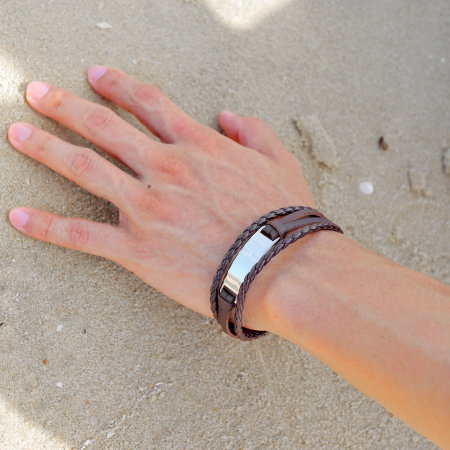 Bratara tripla din piele si aliaj cu placuta argintie [4]