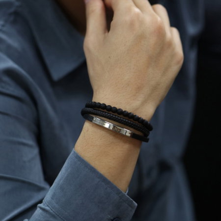 Bratara tripla inox, piele si bazalt cu placuta aurie [5]