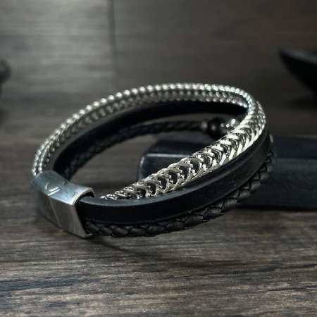 Bratara tripla inox, piele si craniu [2]