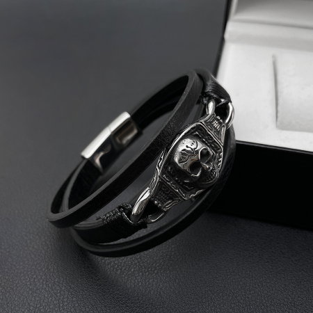 Bratara tripla inox, piele si craniu [6]