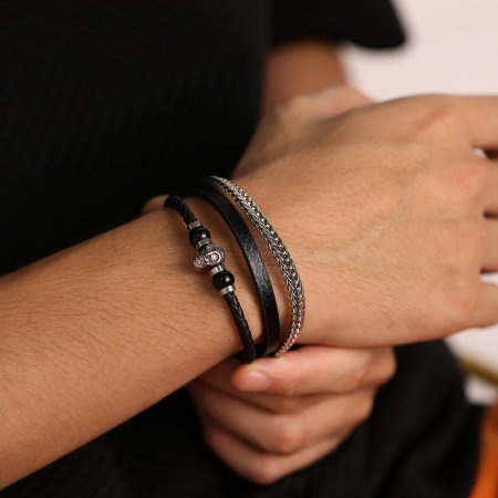 Bratara tripla inox, piele si craniu [1]