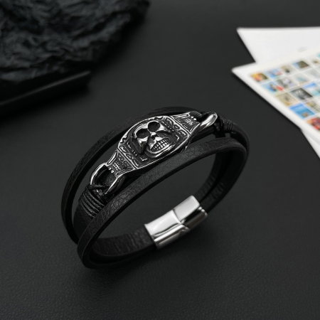 Bratara tripla inox, piele si craniu [8]