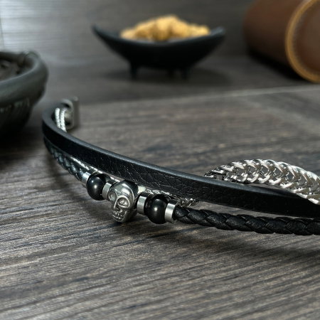 Bratara tripla inox, piele si craniu [4]