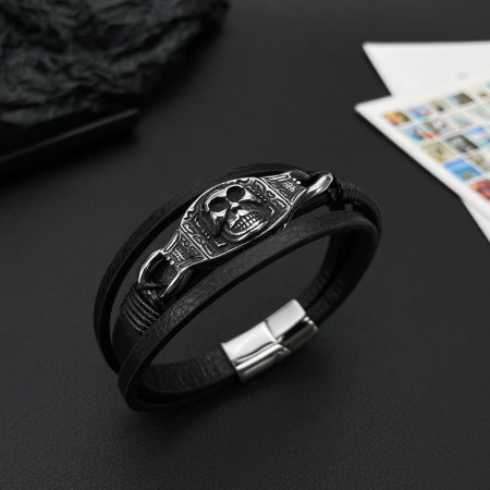 Bratara tripla inox, piele si craniu [2]