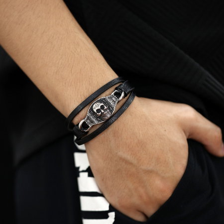 Bratara tripla inox, piele si craniu [14]