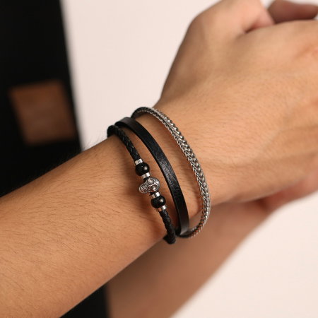 Bratara tripla inox, piele si craniu [13]