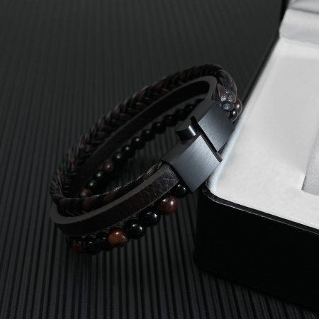 Bratara tripla inox, piele si ochi de tigru [6]