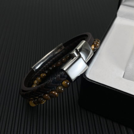 Bratara tripla inox, piele si ochi de tigru cu placuta neagra [3]