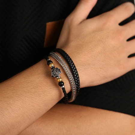 Bratara tripla inox, piele si soare vesel [13]