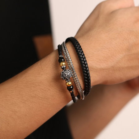 Bratara tripla inox, piele si soare vesel [4]