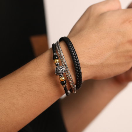 Bratara tripla inox, piele si soare vesel [7]