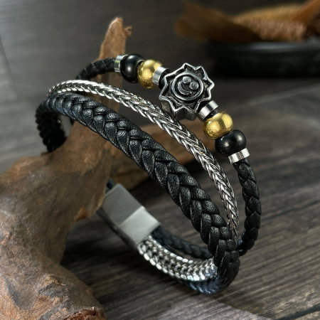 Bratara tripla inox, piele si soare vesel [10]