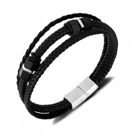 Bratara tripla inox si piele impletita