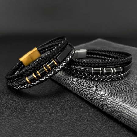 Bratara tripla inox si piele impletita [7]