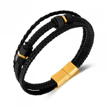 Bratara tripla inox si piele impletita