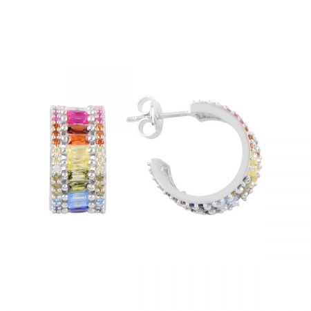 Cercei agint Baguette Eternity cu zirconii multicolore placati cu rodiu