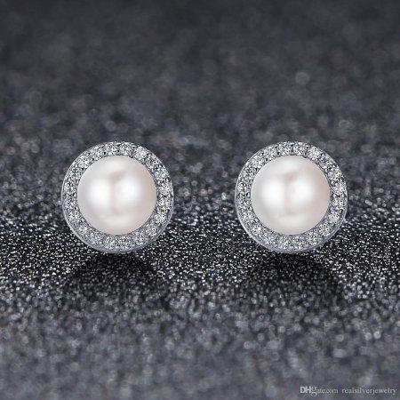 Cercei argint rotunzi cu perle si zirconii placati cu rodiu [2]