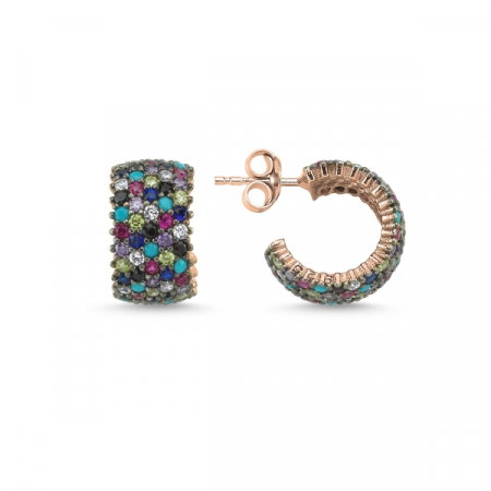 Cercei argint rotunzi Eternity cu 5 randuri de zirconii multicolore placati cu aur roz [0]