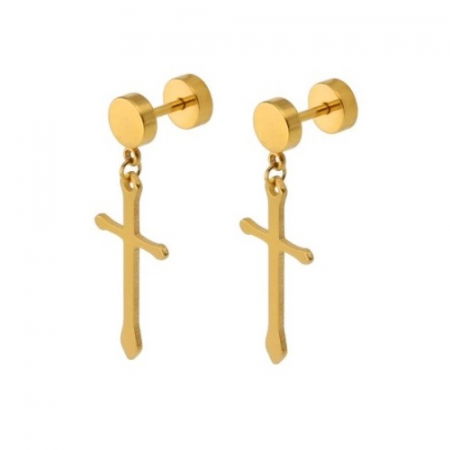 Cercei aurii din inox cu cruciulite