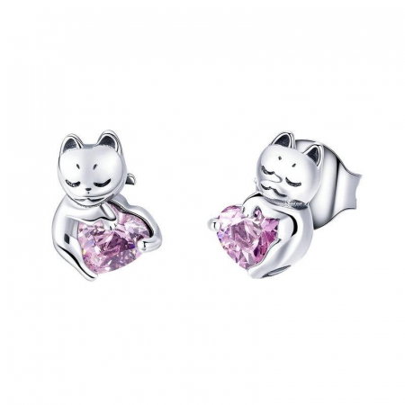 Cercei cu surub pisicuta somnoroasa cu zirconii roz