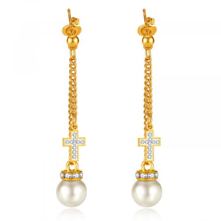 Cercei inox lungi cu perle si cruciulite