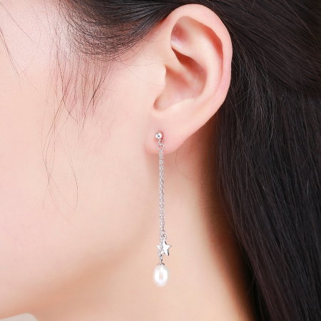 Cercei lungi din argint 925 cu perle fine, stelute si zirconii albe - Be Elegant EST0011 [5]