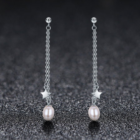Cercei lungi din argint 925 cu perle fine, stelute si zirconii albe - Be Elegant EST0011 [1]