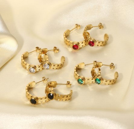 Cercei rotunzi din inox auriu cu zirconii bleu [1]