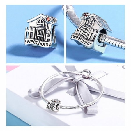 Charm argint 925 casuta Sweet Home cu inimioare rosii PST0107 [5]