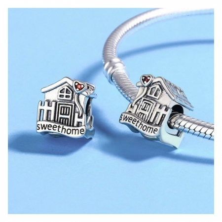 Charm argint 925 casuta Sweet Home cu inimioare rosii PST0107 [2]