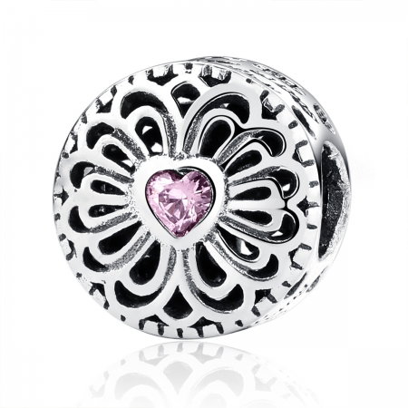 Charm argint 925 cu floare si inima roz - Friendship starts with loving hearts - Be Nature PST0041