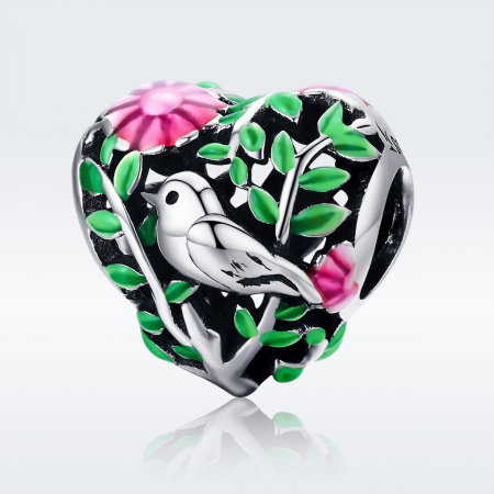 Charm argint 925 inimioara cu floricele si vrabiuta - Be in Love PST0129 [1]