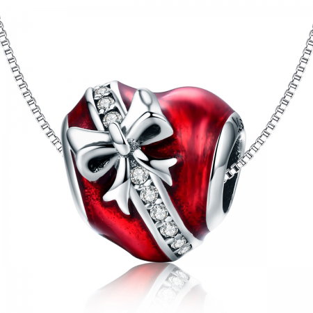 Charm argint 925 inimioara rosie cu fundita si zirconii albe - Be in Love PST0131 [5]
